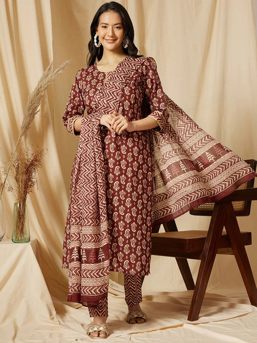 Maroon Motif 3-Piece Kurti Set
