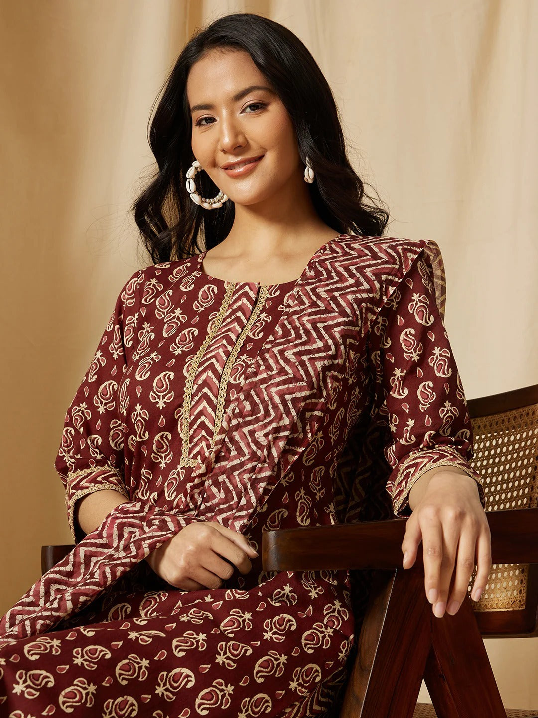 Maroon Motif 3-Piece Kurti Set