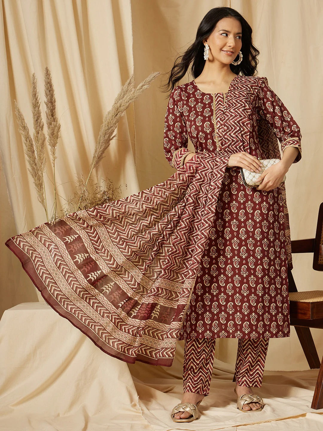 Maroon Motif 3-Piece Kurti Set