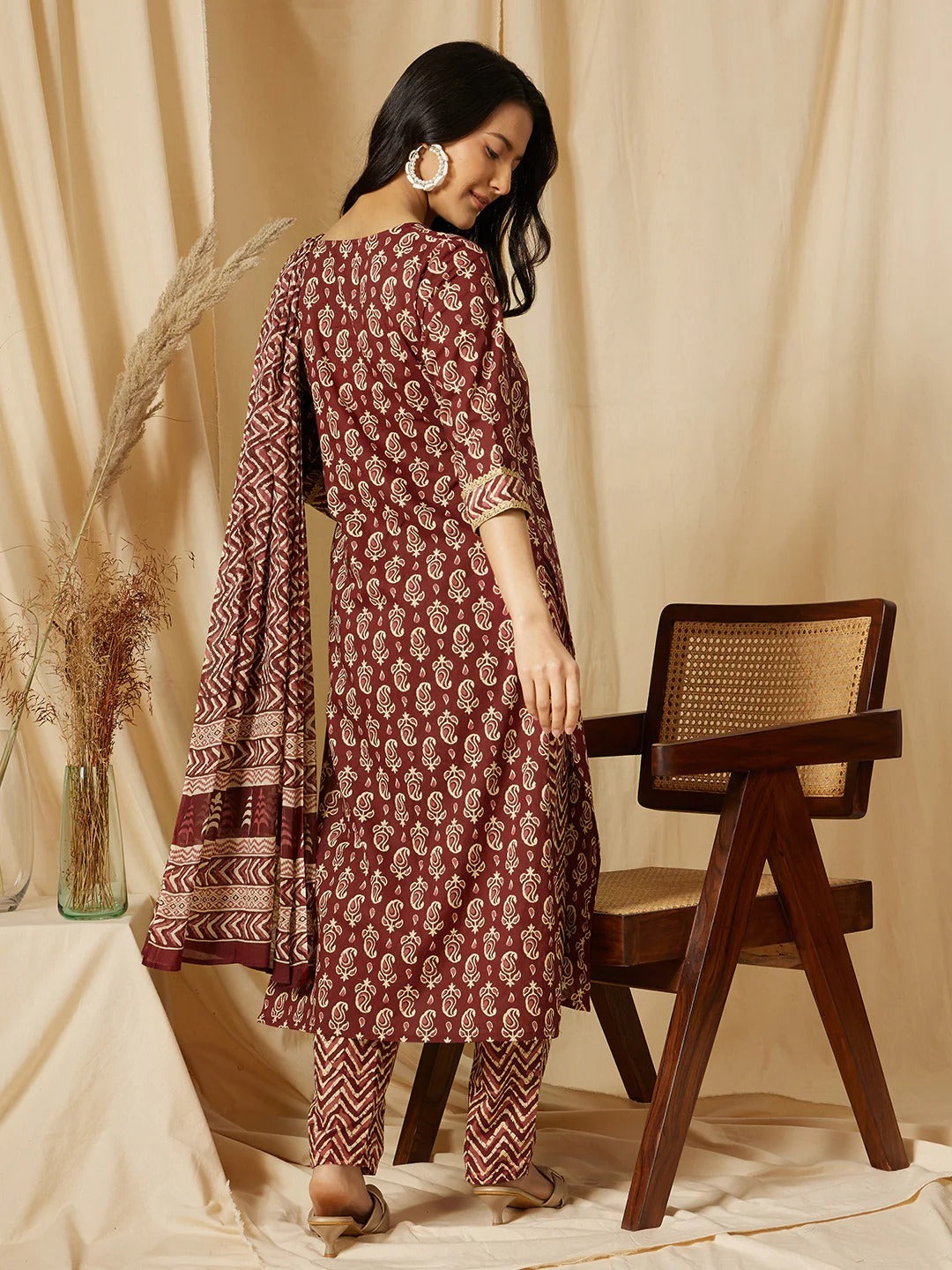 Maroon Motif 3-Piece Kurti Set