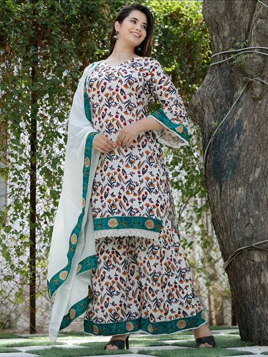 Teal Blossom 3-Piece Kurti Set