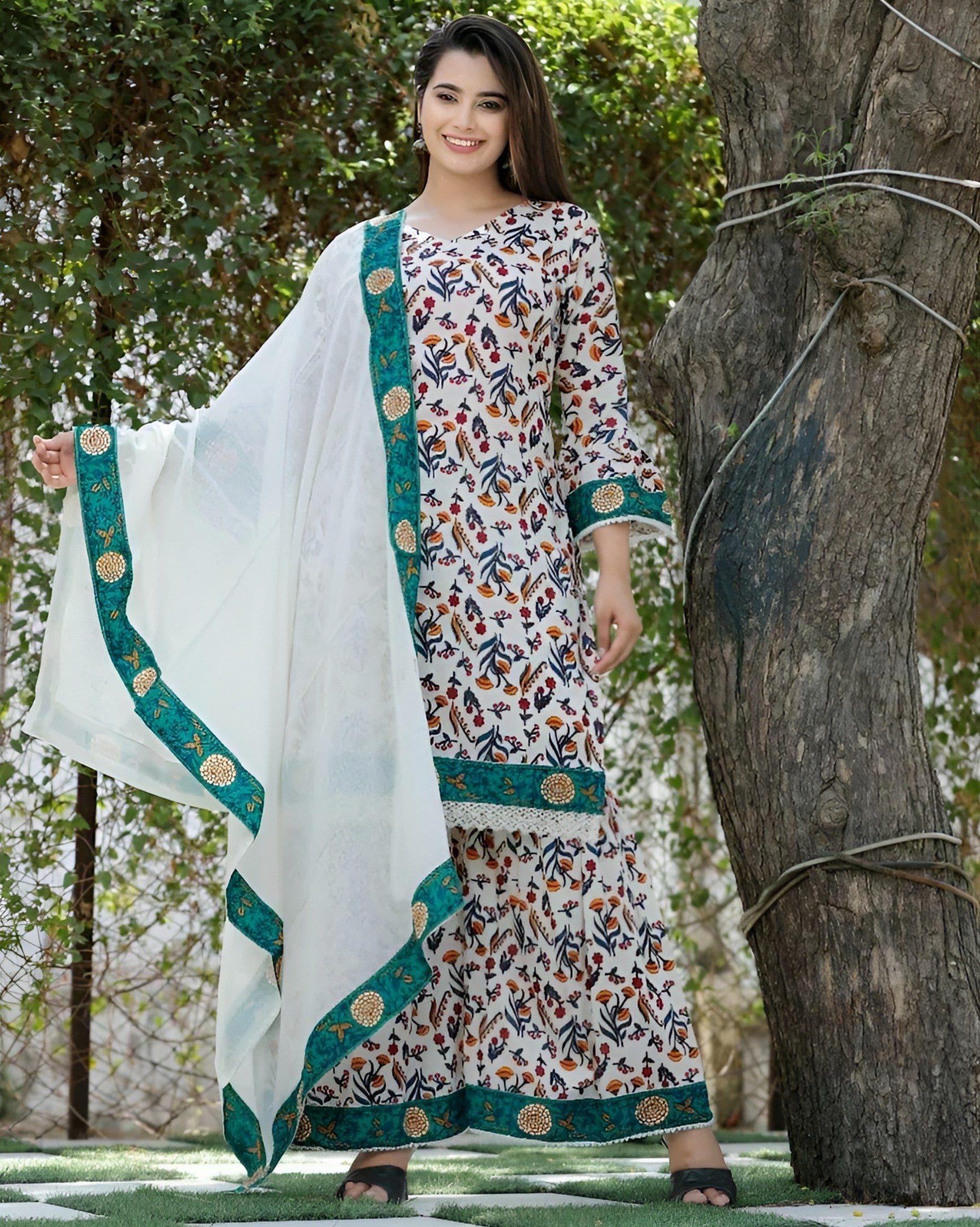 Teal Blossom 3-Piece Kurti Set